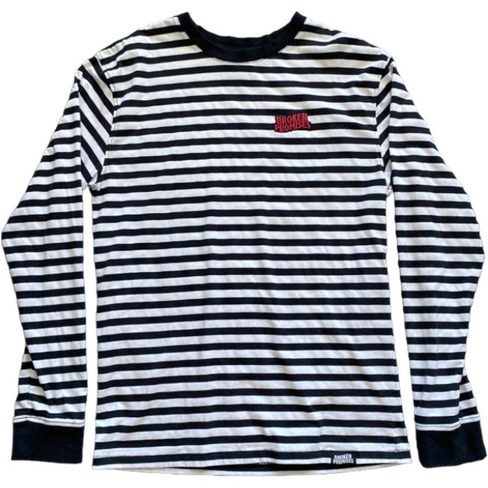 Broken promises white and black striped embroidered logo long sleeve t shirt
